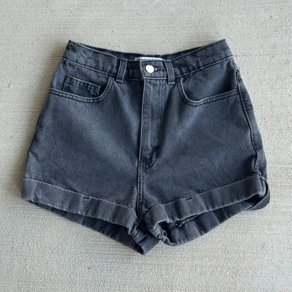American Apparel Womens Size 27 High Waisted Denim Shorts Washed Black Cuffed